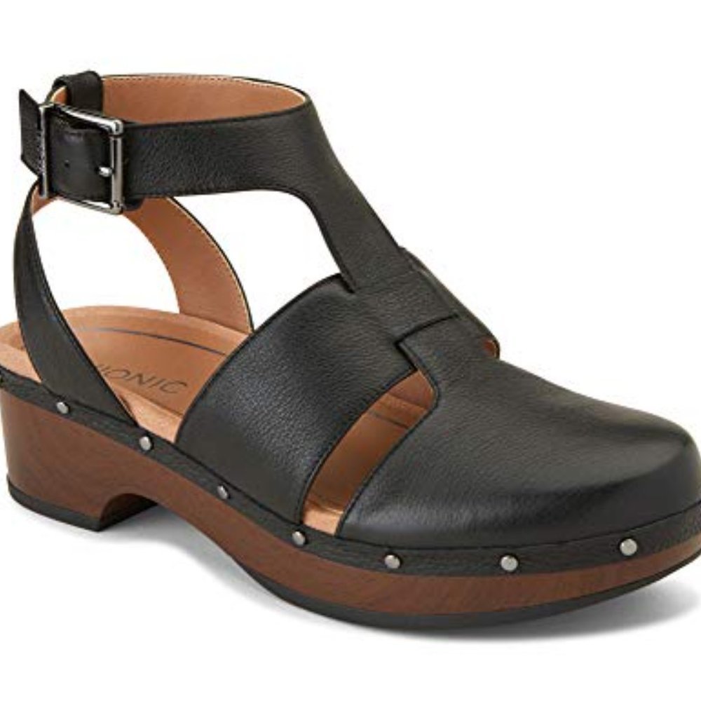 Vionic Black Leather Clogs with Tan Wooden Sole